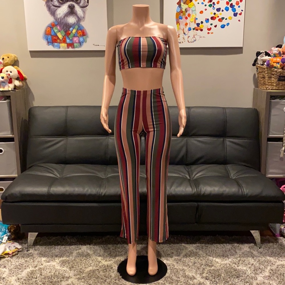 A’GACI Y2K Striped Two Piece Set Cropped Tube Top Flare Pants Mauve Olive S